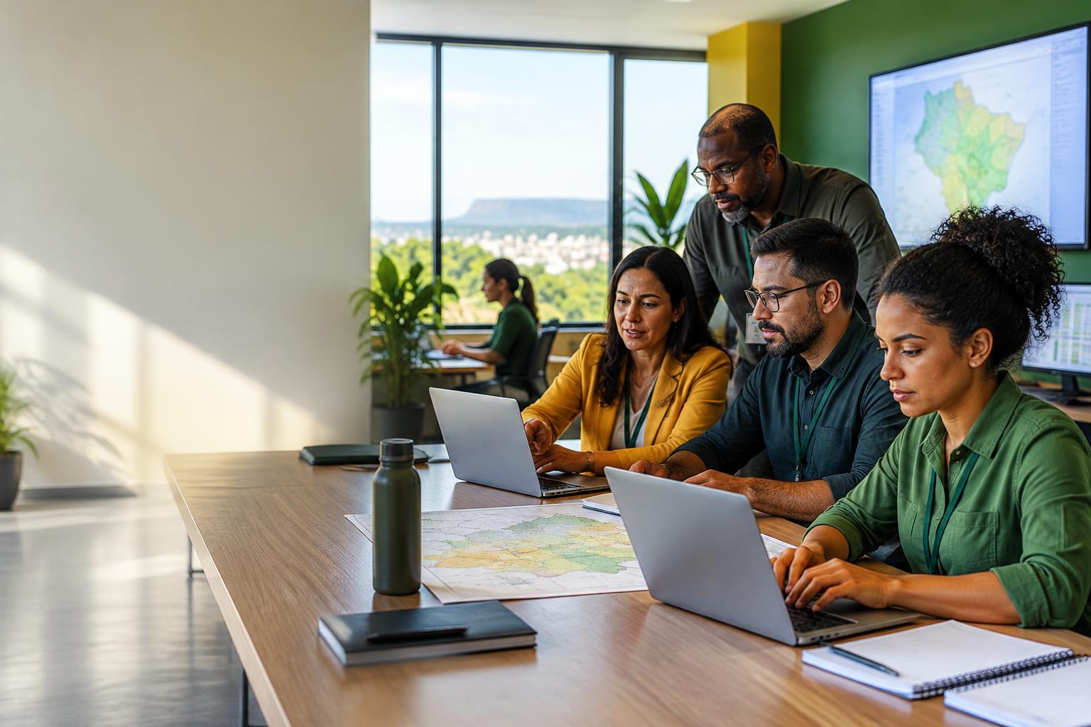 Equipe coordenando uma operação eleitoral com mapas e computadores